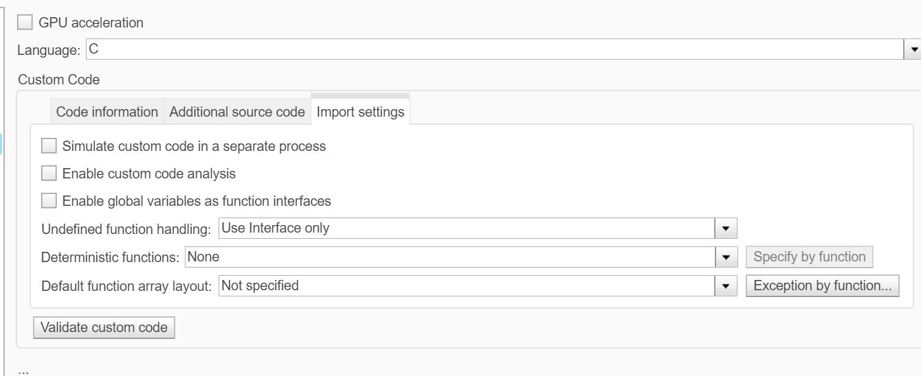 Import settings tab of Simulation Target pane of Model Configuration Parameters dialog