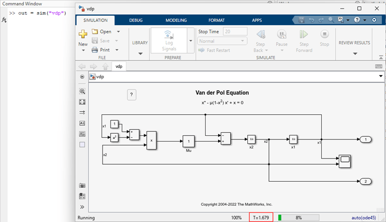 The MATLAB Command Window shows a call to the sim function to simulate the model vdp. The status bar in the Simulink Editor shows the simulation status, current simulation time, and the simulation progress. A red box added to the image indicates the location of the current simulation time in the status bar.