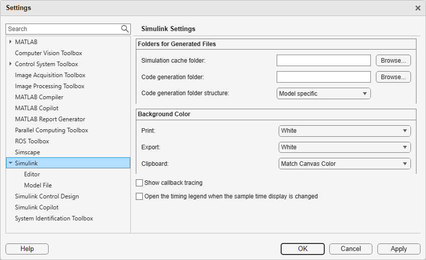 Simulink settings in the MATLAB Settings dialog box