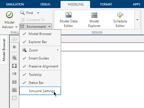 Simulink Editor is open on the Modeling tab with the Environment list expanded to show the Simulink Settings option