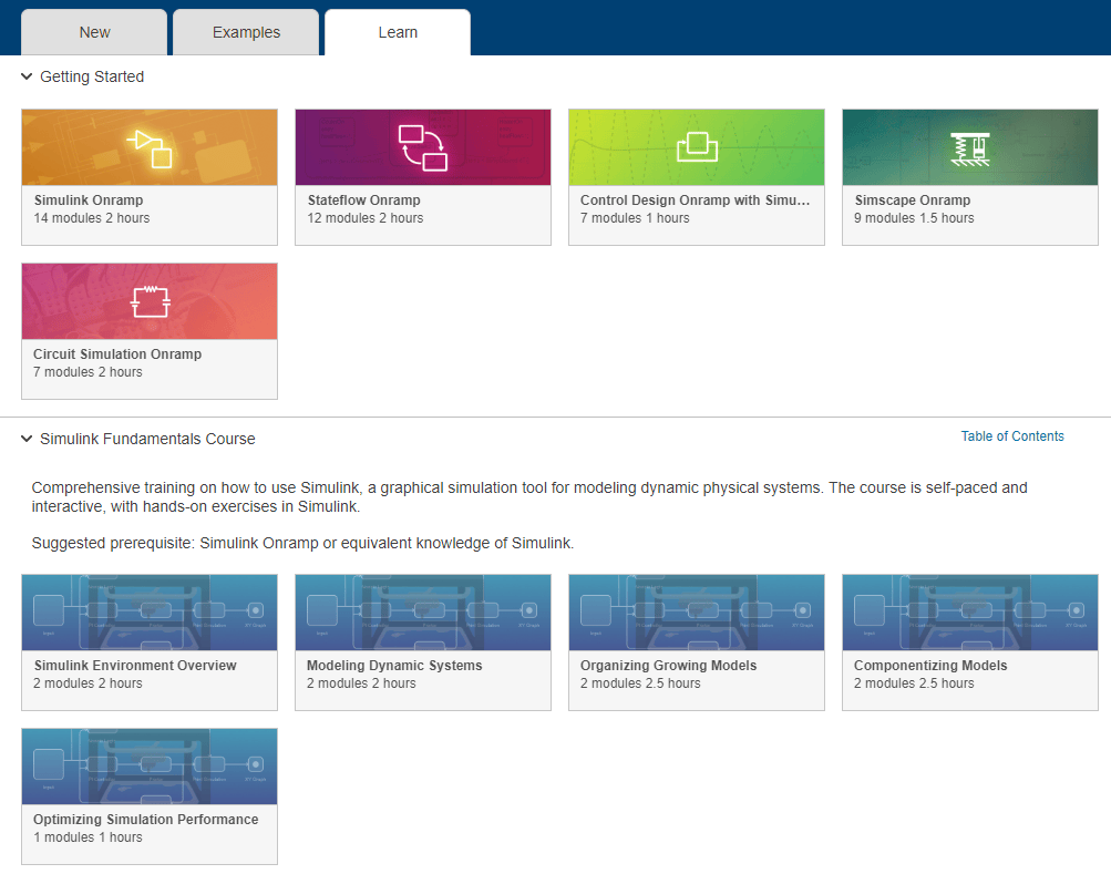 Learn tab of Simulink Start Page
