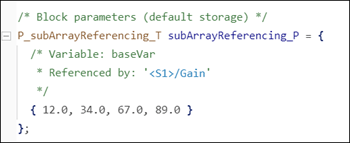 Array elements listed in the data file of the generated code
