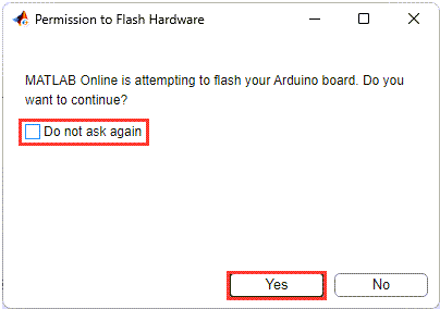 Notification for Arduino Simulink Online to Enable Flash