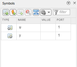 This image shows the Symbols pane as it appears in a new MATLAB Function block.