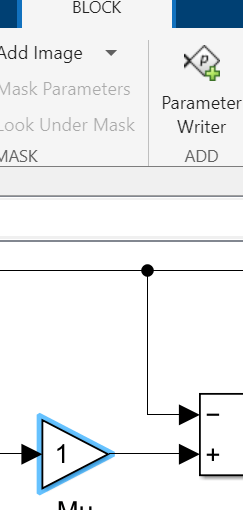 Excerpt from Block tab of Simulink Toolstrip showing button labeled "Parameter Writer". A Gain block is highlighted on the canvas