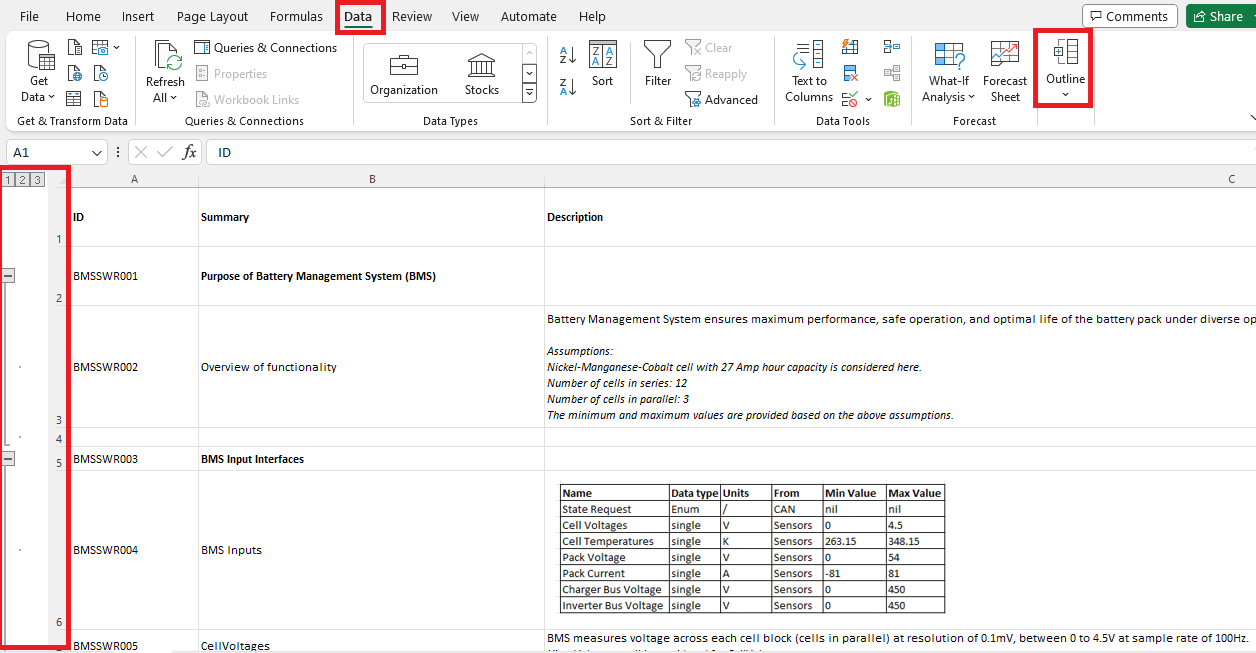 Highlighting the Data and Outline options in Excel