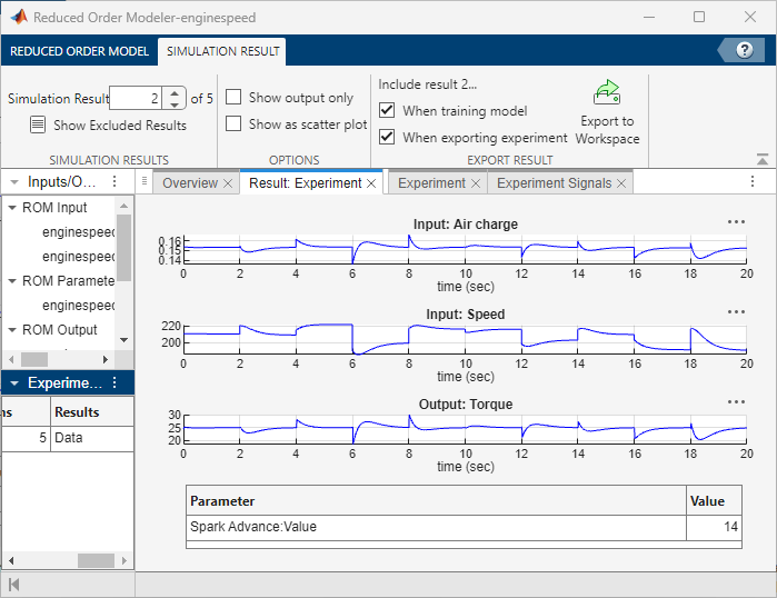 Reduced Order Modeler app showing simulation results