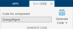 C++ Code tab in the model toolstrip