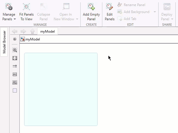 A model contains a blank dashboard panel. An Edit block from the Customizable Blocks library is added to the panel using the quick insert menu.