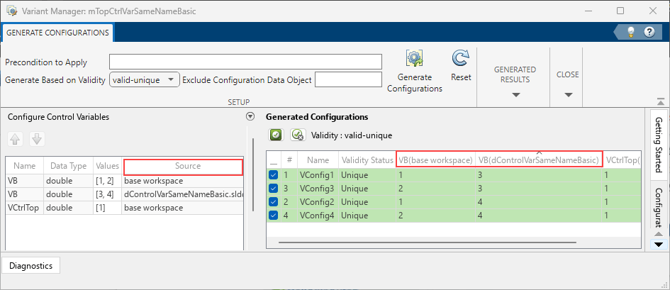 Generate Configurations tab of Variant Manager window shows the Source column in the Configure Control Variables table. The results pane shows the control variable name with the source name in the header column.