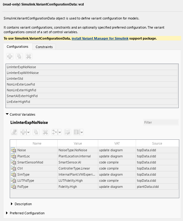 Simulink.VariantConfigurationData dialog box shows a read-only view of the configurations.