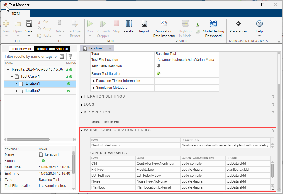 Simulink Test Manager window showing the iteration results with variant configuration details