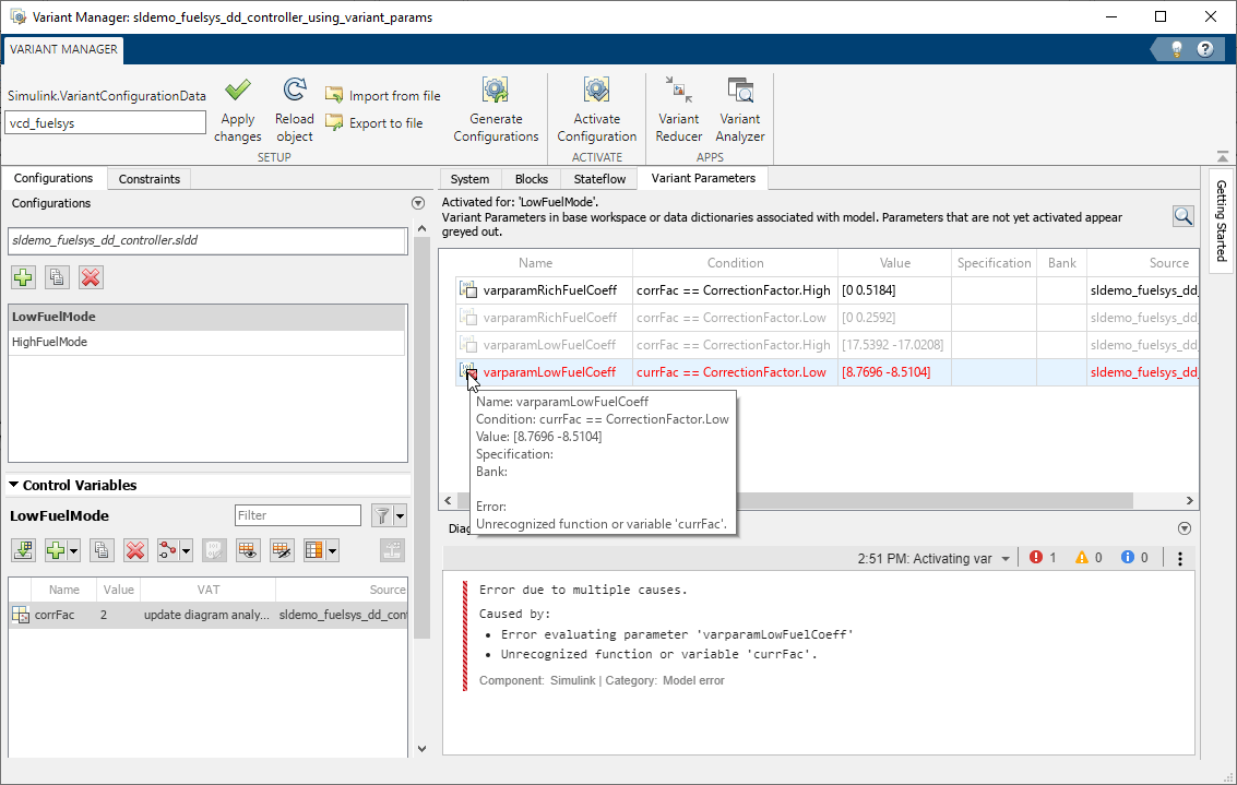 Variant Parameter tab in Variant Manager
