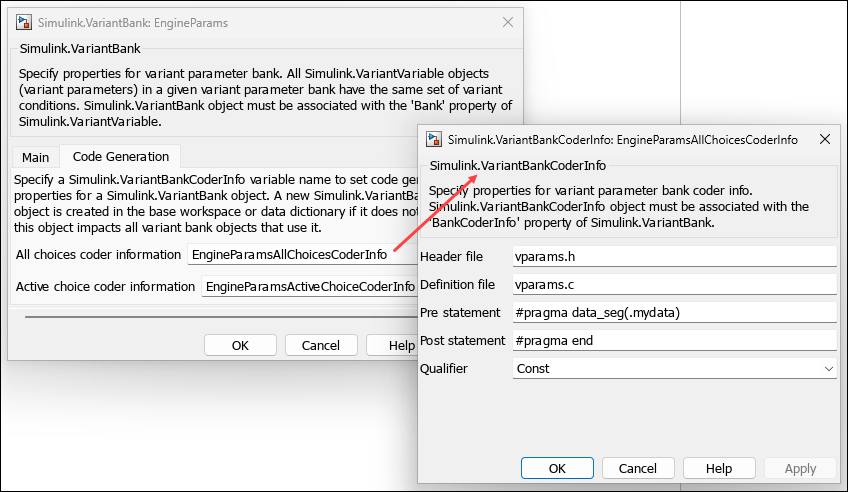 Dialog boxes of variant bank and variant bank coder info