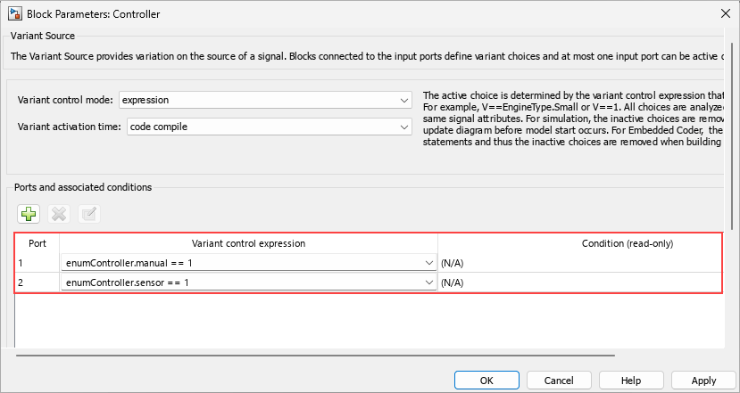 Block Parameters dialog box of the Controller block with variant control expressions enumController.manual == 1 and enumController.sensor == 1