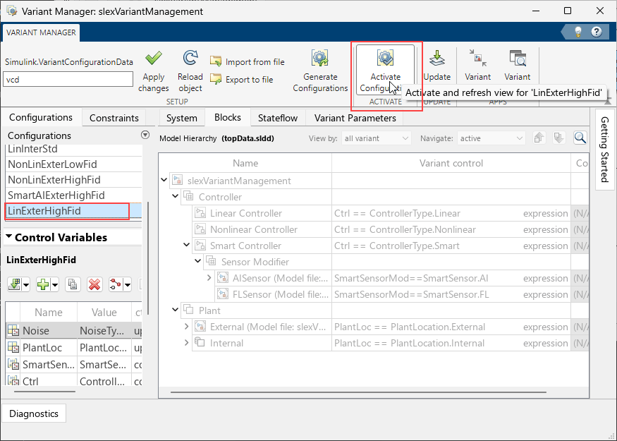 Variant Manger window highlights a named configuration and the Activate button.