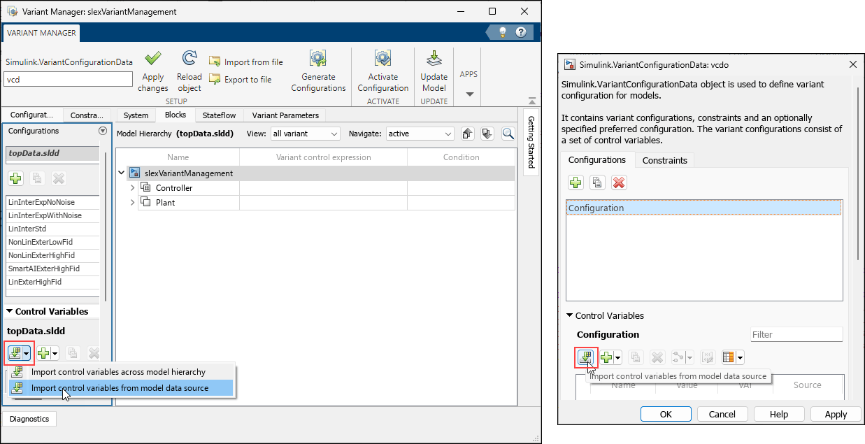 Variant Manager window shows the new import button
