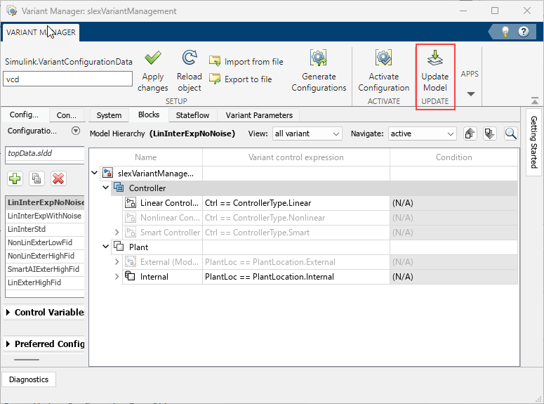 Variant Manager window shows the new Update Model button in the toolstrip