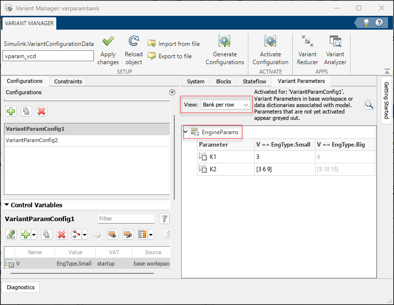Variant Parameters tab in Variant Manager shows variant parameters grouped by bank using Bank per row option.