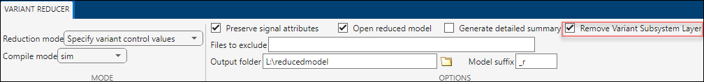 Variant reducer toolstrip shows the Remove Variant Subsystem Layer option