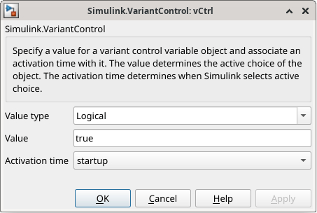 Variant control dialog box shows the type as logical and value as true.