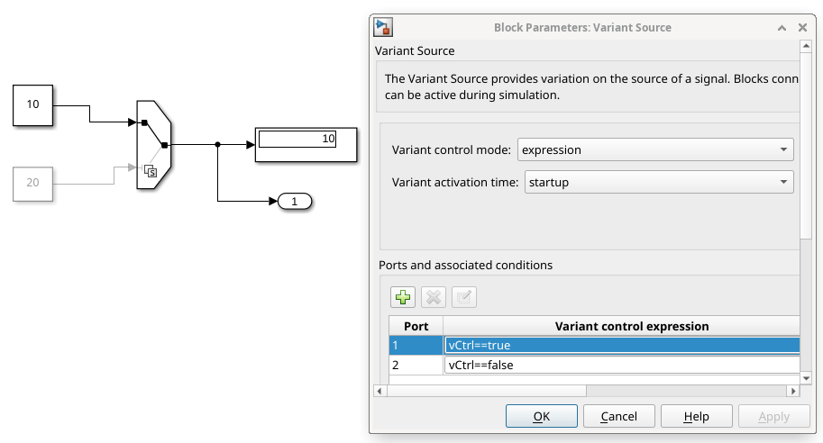Model that contains a Variant Source block with two constant blocks as input is shown. The block parameter dialog box of the Variant Source block is shown.