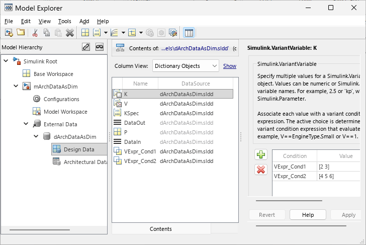 Model Explorer shows variant parameter K with choices for conditions VExpr_Cond1 and VExpr_Cond2