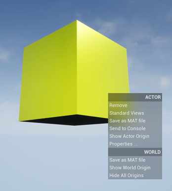 Box actor in virtual world with context menu for actor and world.