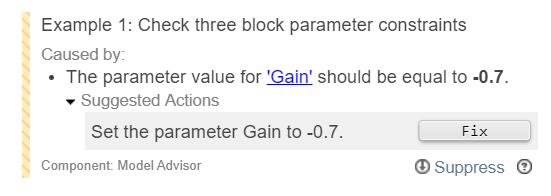 A diagnostics warning with a Fix button for addressing a block constraint violation.