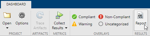 Dashboard toolstrip with cursor placed over the Report button in the Results section.