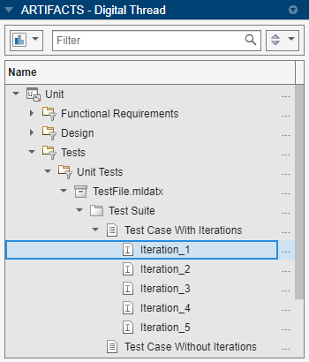 Artifacts panel showing a test file that contains a test case with iterations and a test case without iterations