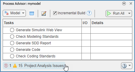 Project Analysis Issues at bottom of Process Advisor app