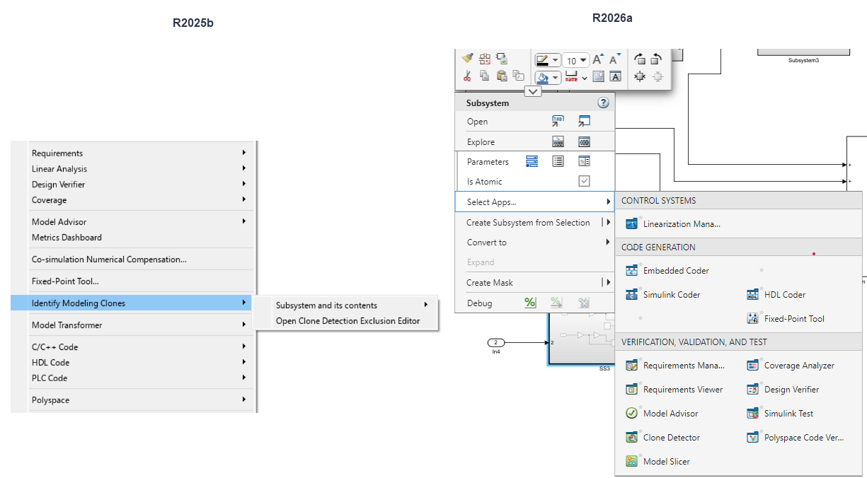 Context menus in R2025b and in R2026a.