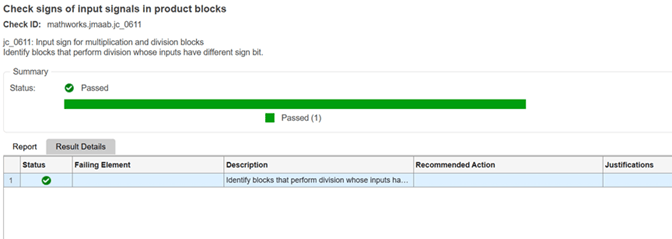 Updated Model Advisor Result Details view showing check results in a table with columns for status, failing element, description, recommended action, and justifications. A single row indicates the check passed.