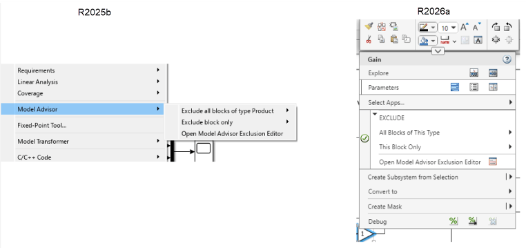 Simulink context menu showing Model Advisor options in R2025b and R2026a.