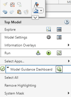 Simulink context menu showing the Model Advisor section and Model Guidance Dashboard option.
