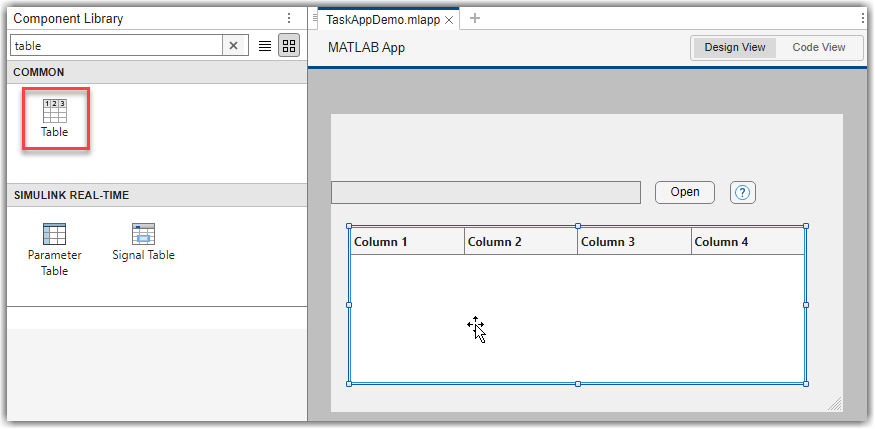 Design View of App Designer showing table UI component on canvas