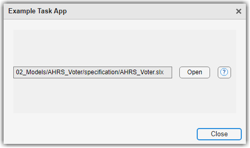 Example Task App dialog box showing path to AHRS_Voter model and buttons for opening model, closing task app, and accessing help information
