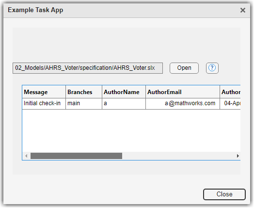 Modified Example Task App dialog box showing table of commit messages for the AHRS_Voter model