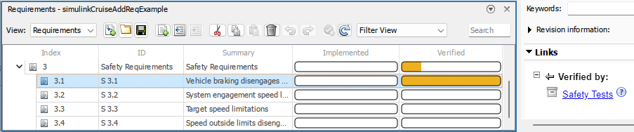 Requirement dialog box showing linked tests to specific requirements
