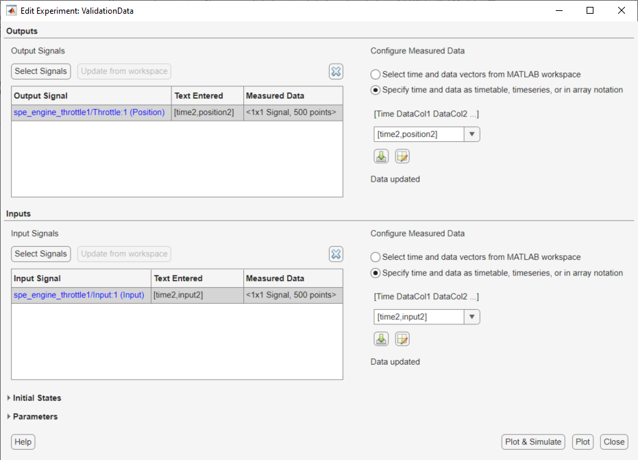 Edit Experiment dialog box. The output panel showing the output signal and the entered text is on the top. The input panel showing the input signal and the entered text is on the bottom.