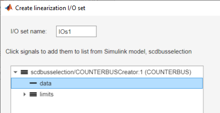 Create linearization I/O set dialog box with the data signal selected