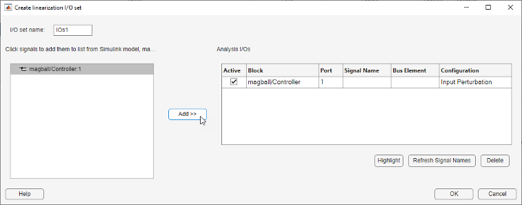 Create linearization I/O set dialog box with the Controller signal added to the Analysis I/Os table on the right