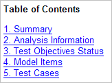 Table of Contents for Simulink Design Verifier analysis report