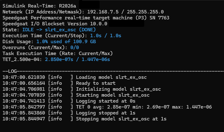 The target computer console displays a status monitor for a target computer.