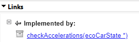 The Links section of the right pane in the Requirements Editor, with one Implemented by link