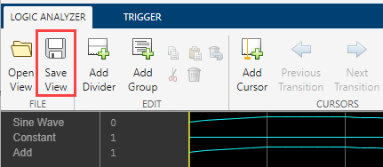 Logic Analyzer toolstrip with the Save View button highlighted