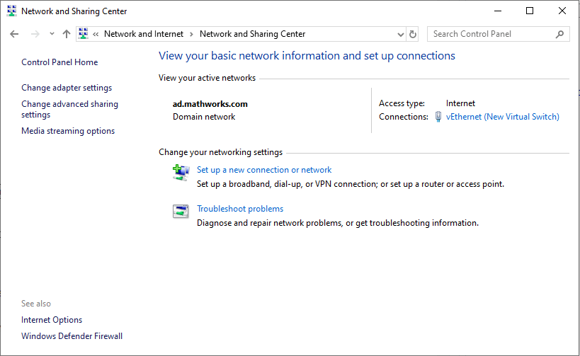 Network and Sharing Center window