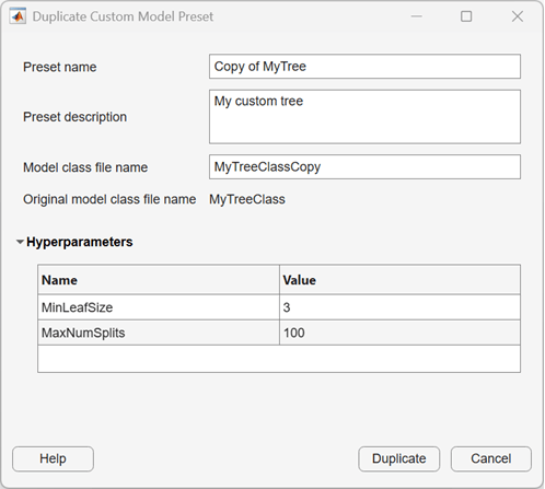 Duplicate Custom Model Preset dialog box