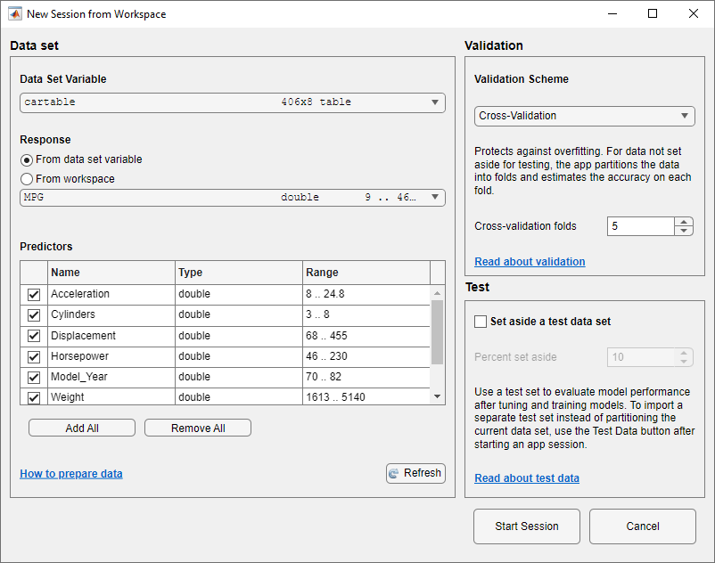 New Session from Workspace dialog box